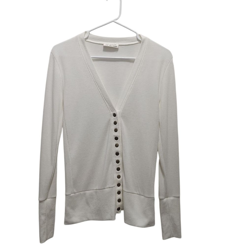 SO PERLA Ivory White Women's Size S Snap Front Ribbed Cuff Cardigan Preppy